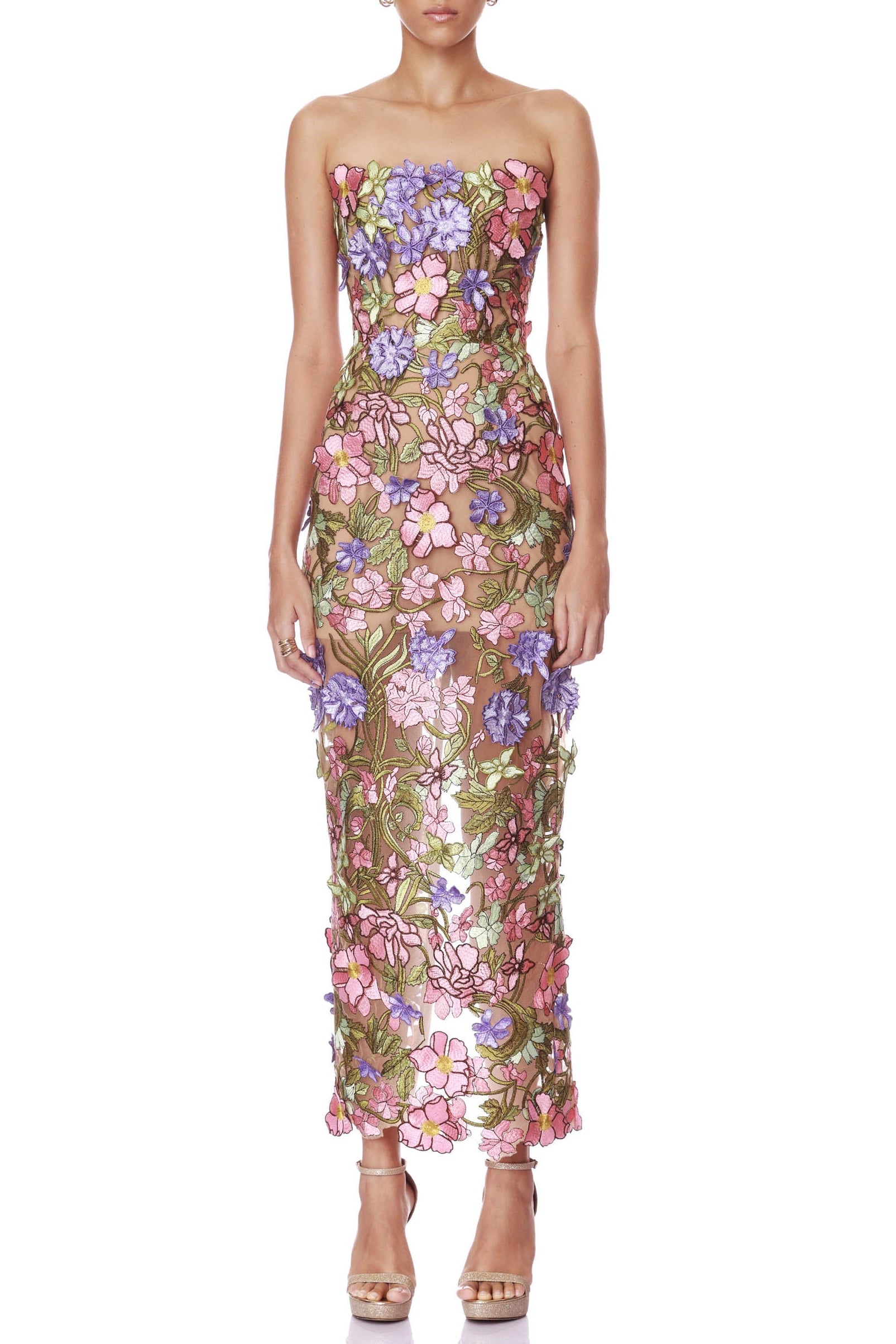 EUDORA MULTICOLORED IRIS FLORAL EMBROIDERY STRAPLESS MAXI DRESS