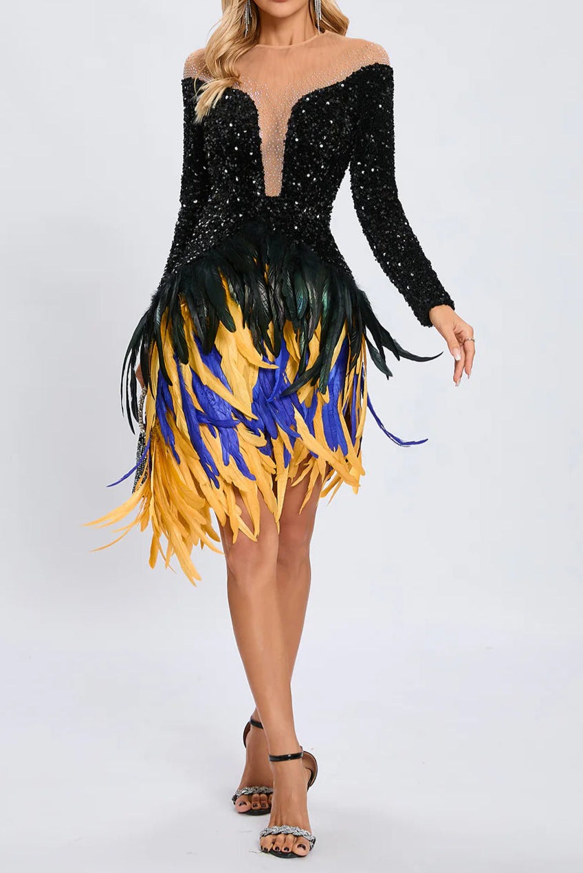 FEATHER EMBELLISHED SEQUIN MINI DRESS IN BLACK