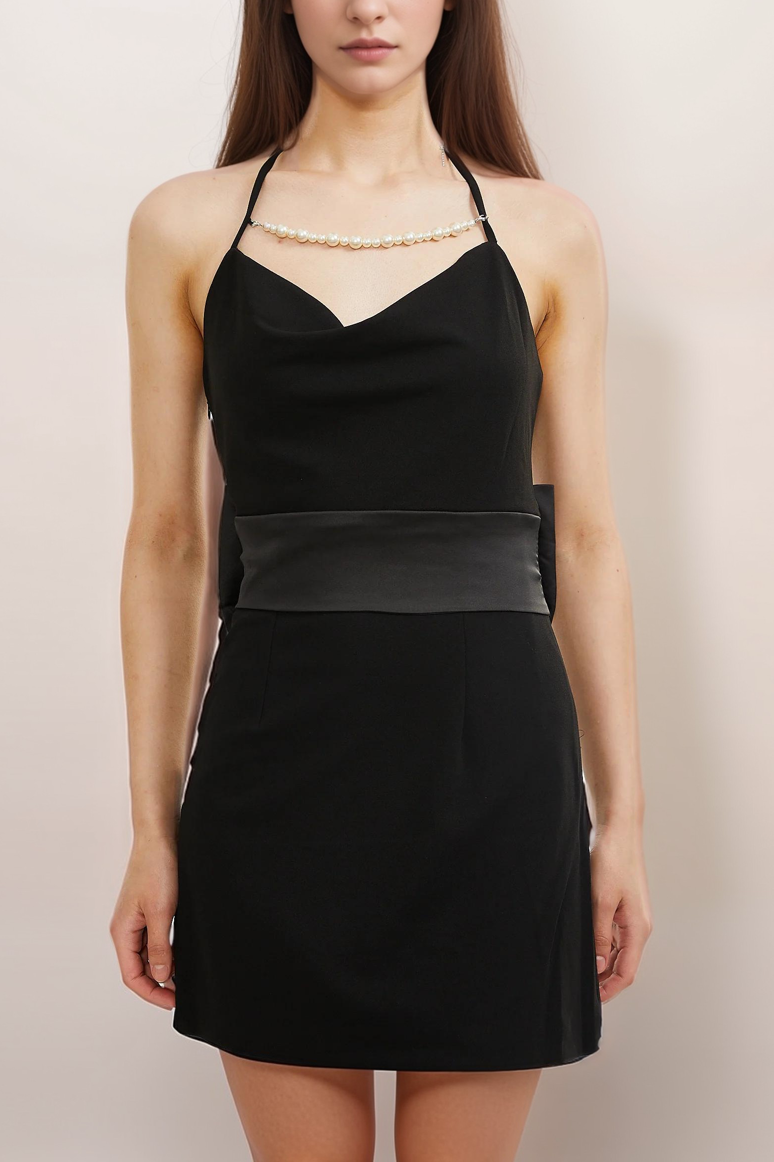 FILOMENA FAUX-PEARL BOW-DETAIL MINI DRESS
