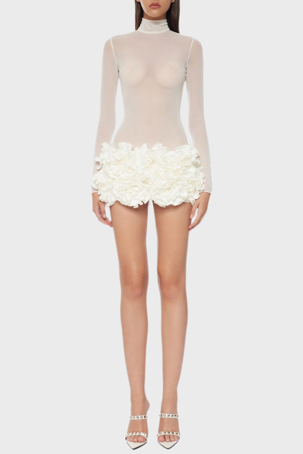 FIONNA FLORAL MESH LONG SLEEVE MINI DRESS - WHITE