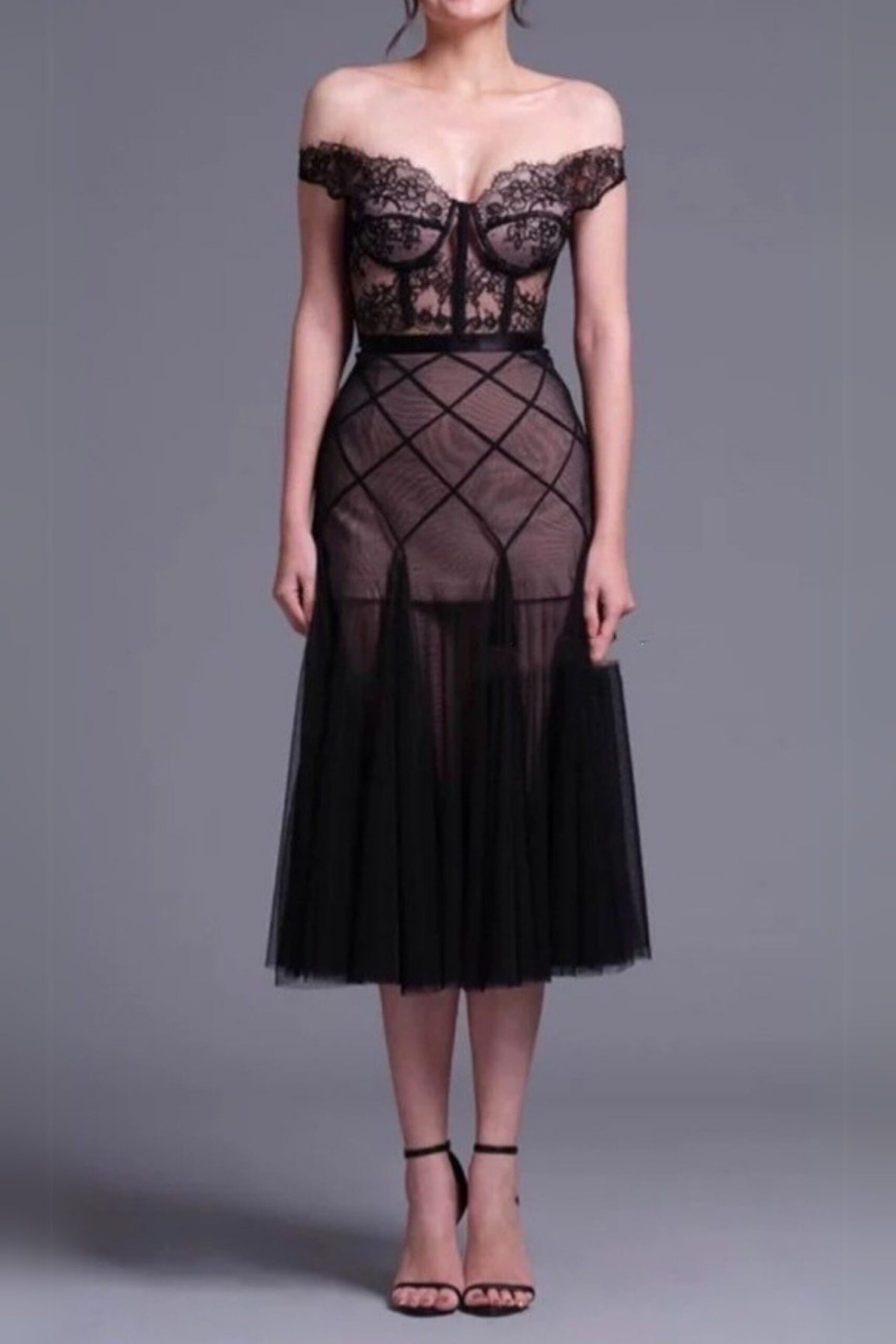 FLORAL DENTELLE OFF-SHOULDER BUSTIER CORSET NET SKIRT SET
