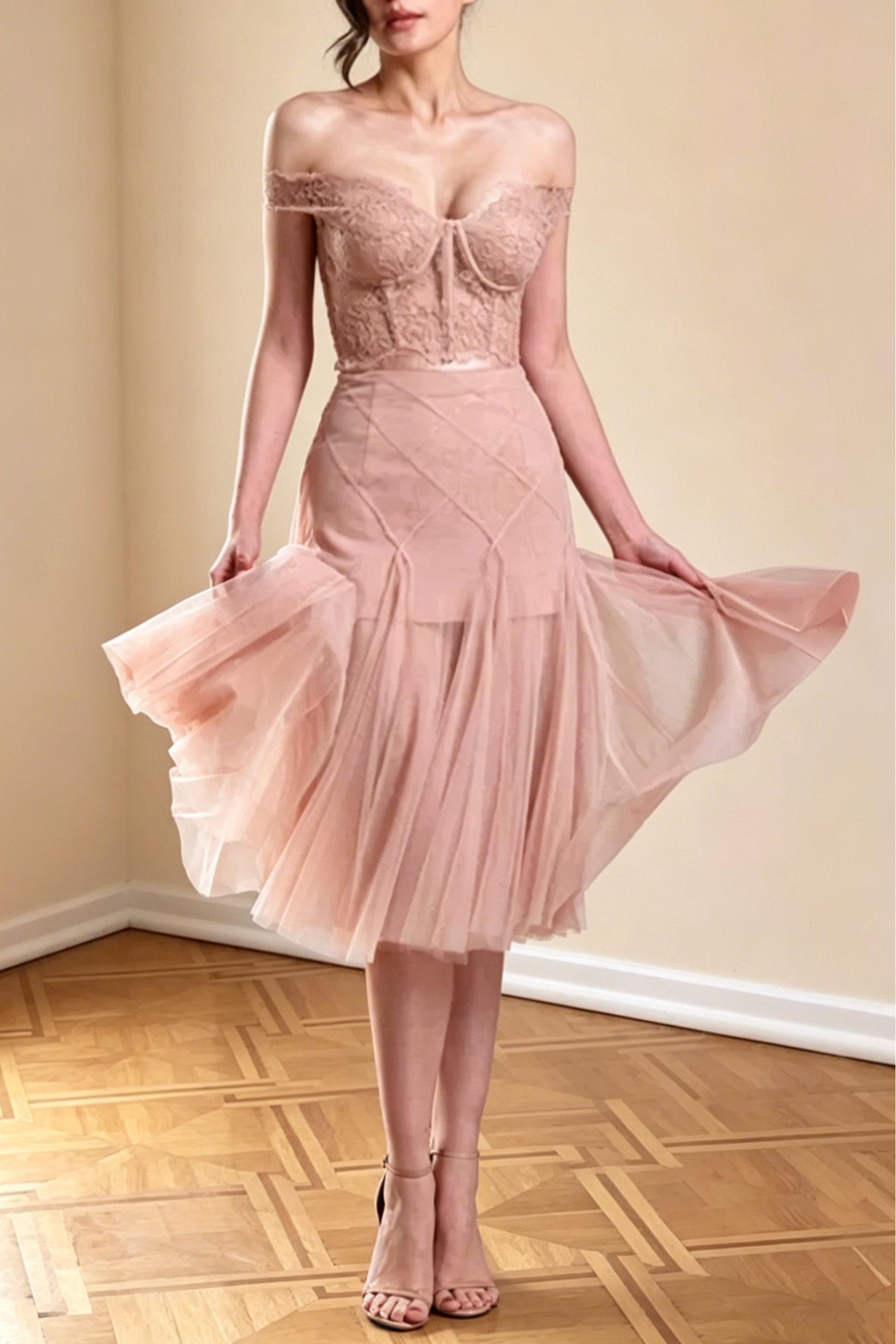 FLORAL DENTELLE OFF-SHOULDER BUSTIER CORSET NET SKIRT SET IN PINK