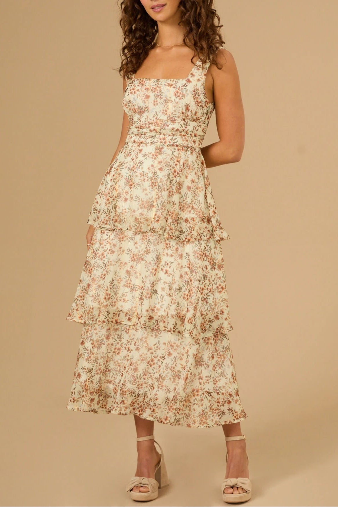 FLORAL MIDI DRESS IN IVORY-RUST