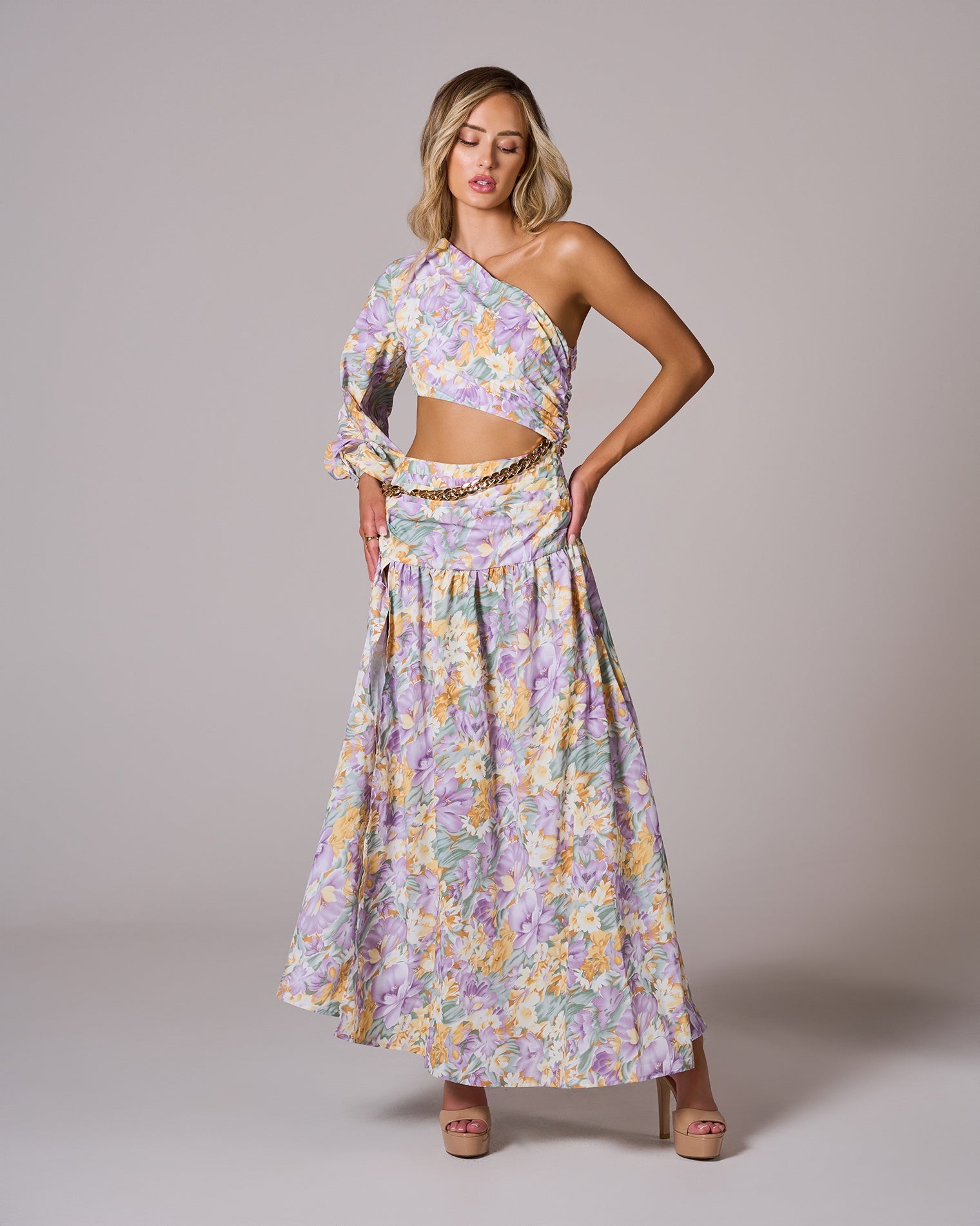 FLORAL ONE-SHOULDER MAXI DRESS
