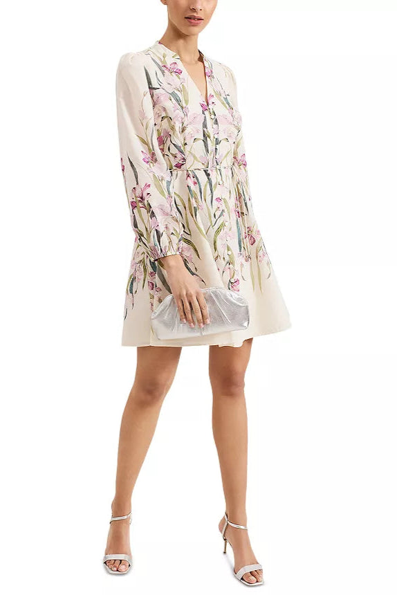 FLORAL PRINT BLOUSON SLEEVE MINI DRESS IN IVORY