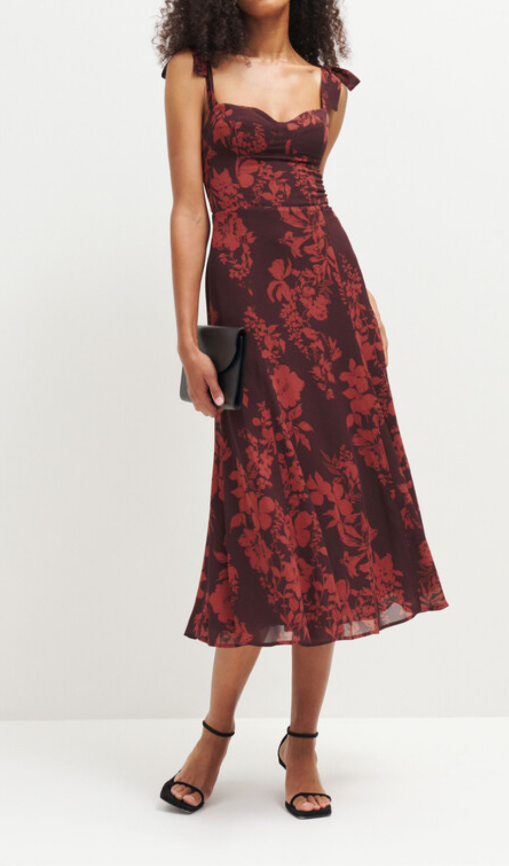 FLORAL PRINT BOWKNOT STRAP MIDI DRESS IN BURGUNDY