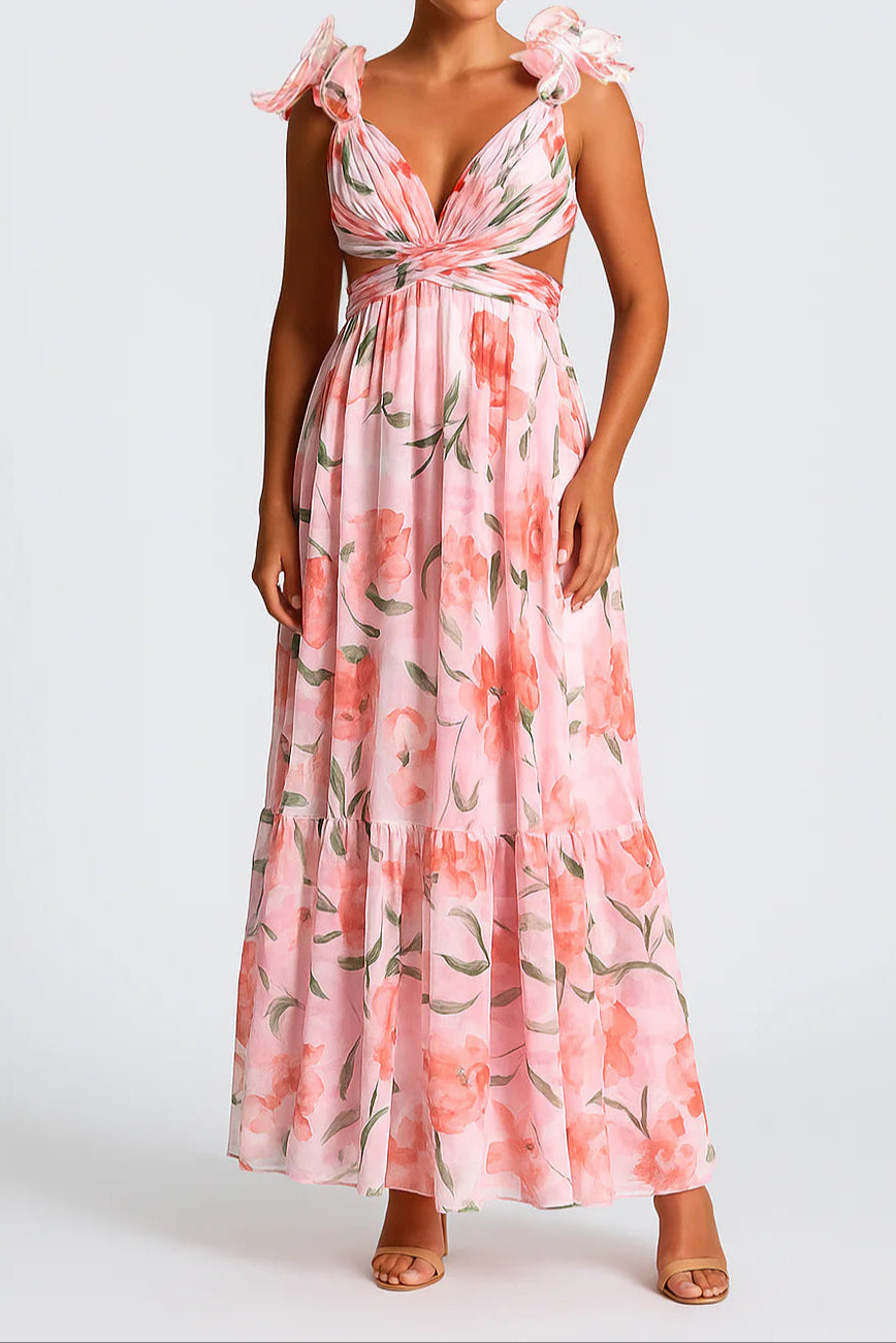 FLORAL PRINT RUFFLED BACKLESS MAXI DRESS IN PINK