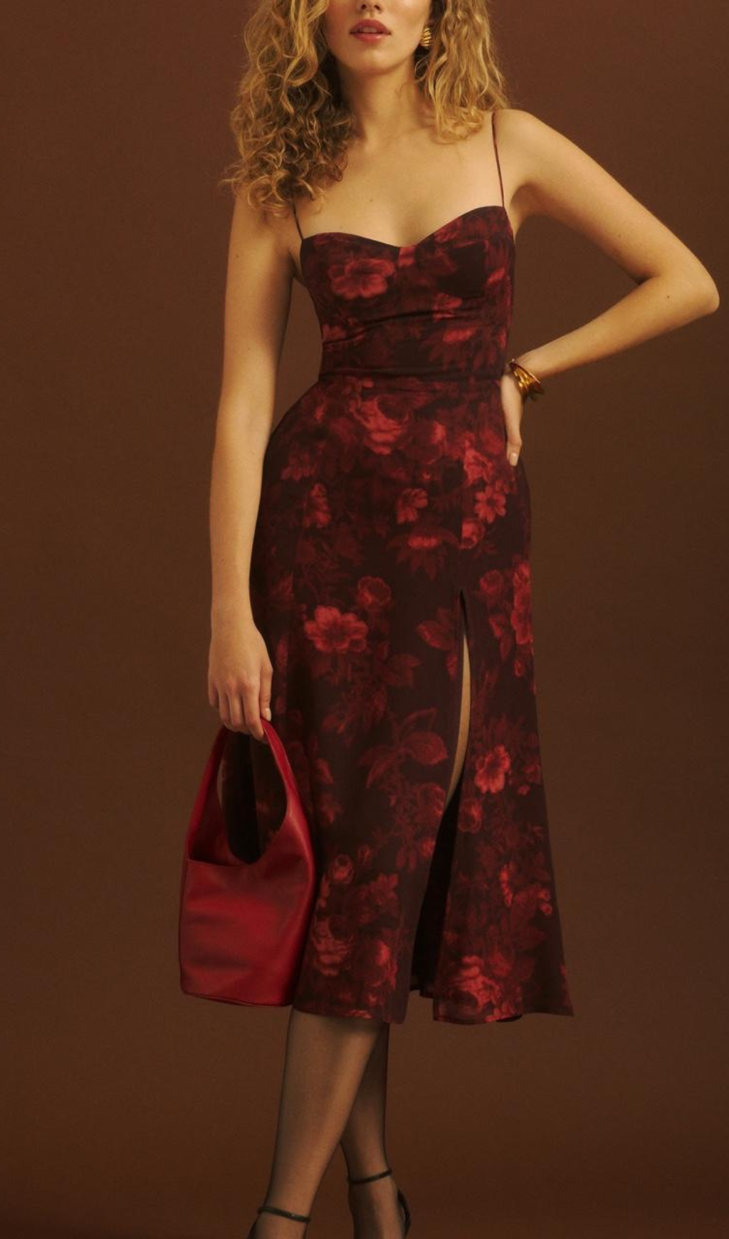 FLORAL PRINT SLIT MIDI DRESS IN BURGUNDY