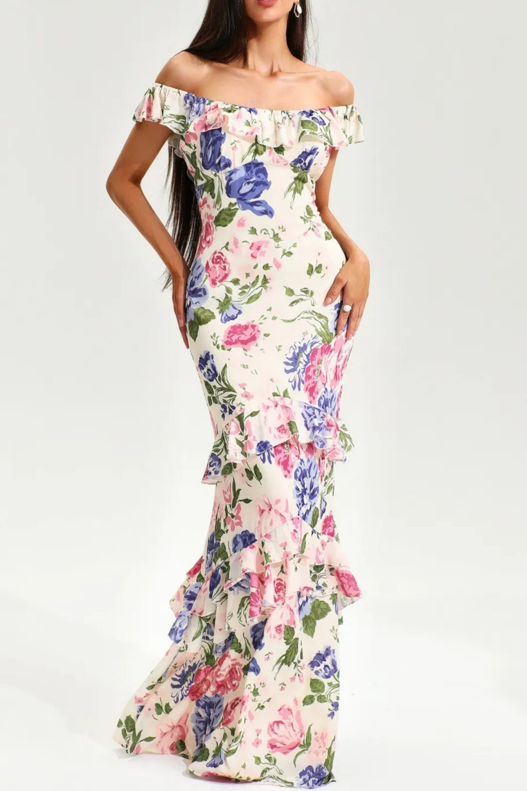 FLORAL TIERED RUFFLE HEM FISHTAIL MAXI DRESS