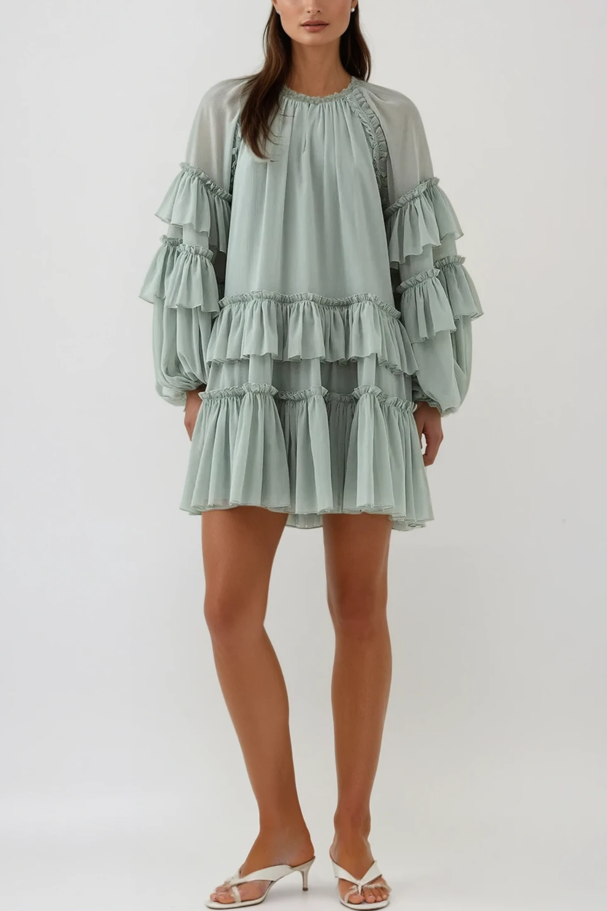 FREDA BALLOON SLEEVE MESH RUCH RUFFLE MINI DRESS IN GREEN