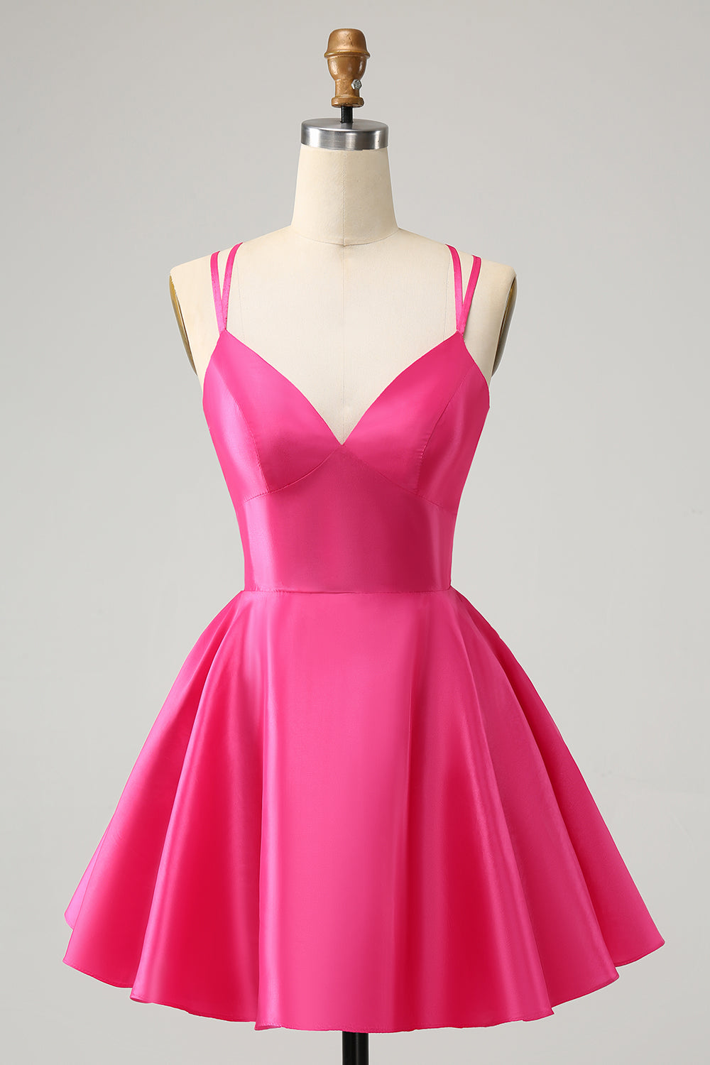 FUCHSIA A LINE SPAGHETTI STRAPS BACKLESS SHORT CUTE HOMECOMING DRESS