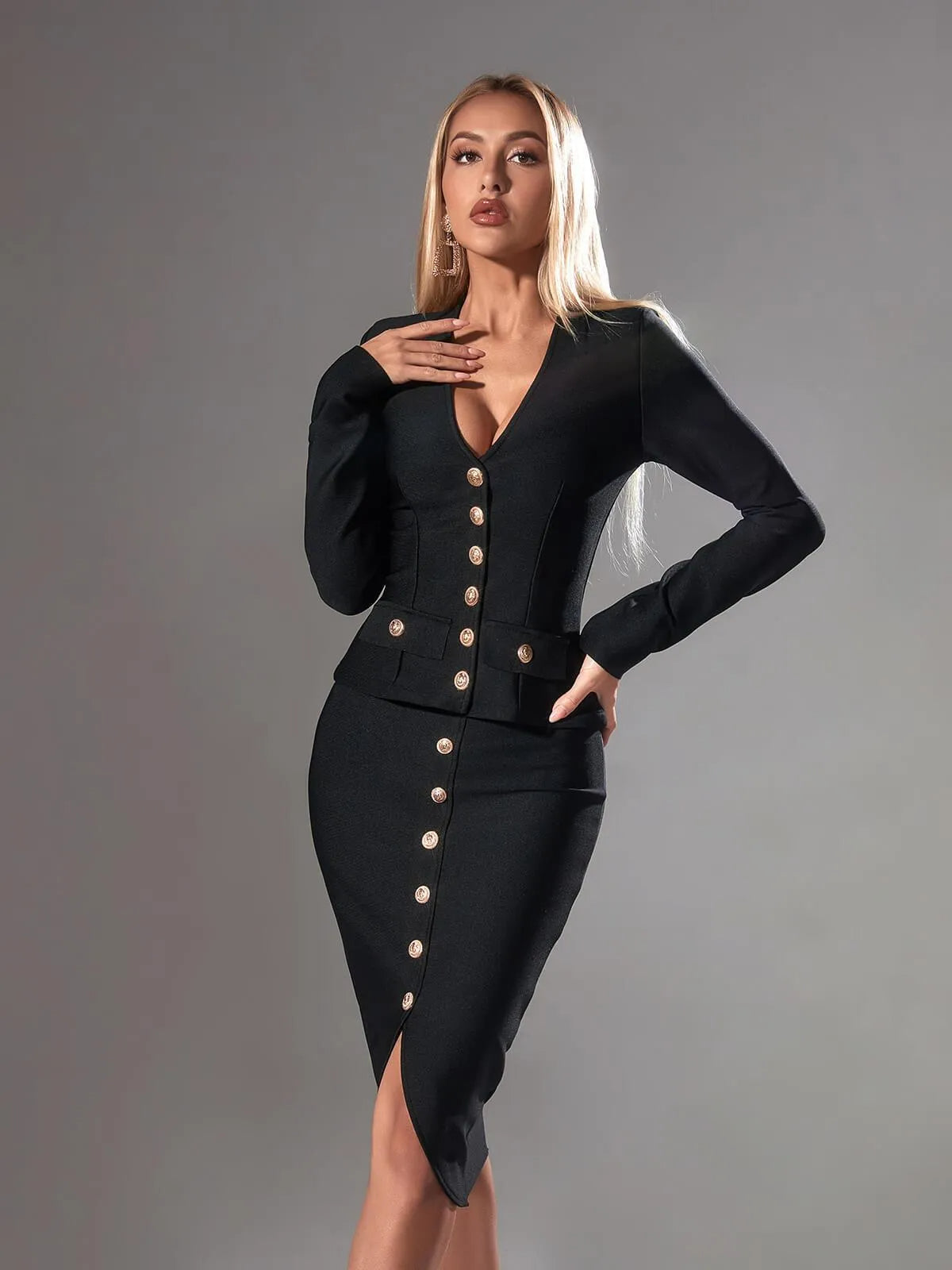 LONG SLEEVE BANDAGE BLAZER SET BLACK NIGHT OUTFIT