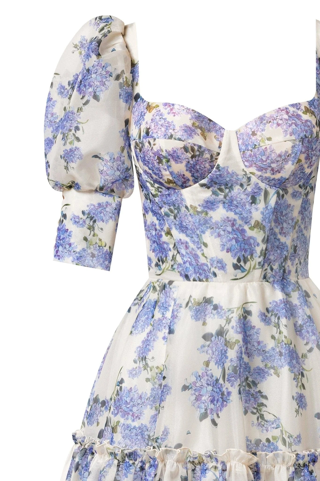 BLUE HYDRANGEA PRINT VOLUMINOUS SLEEVE MAXI DRESS