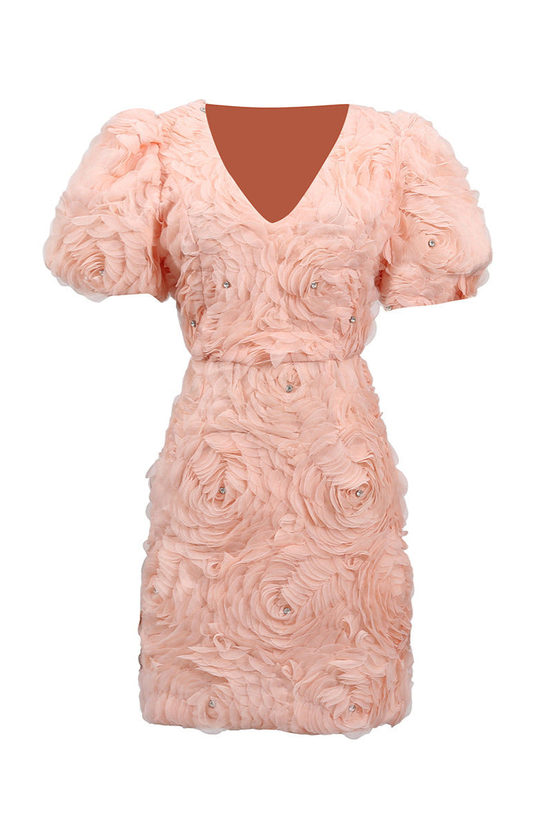 V-NECK PUFF SLEEVE FLOWER MINI DRESS IN BALLET PINK
