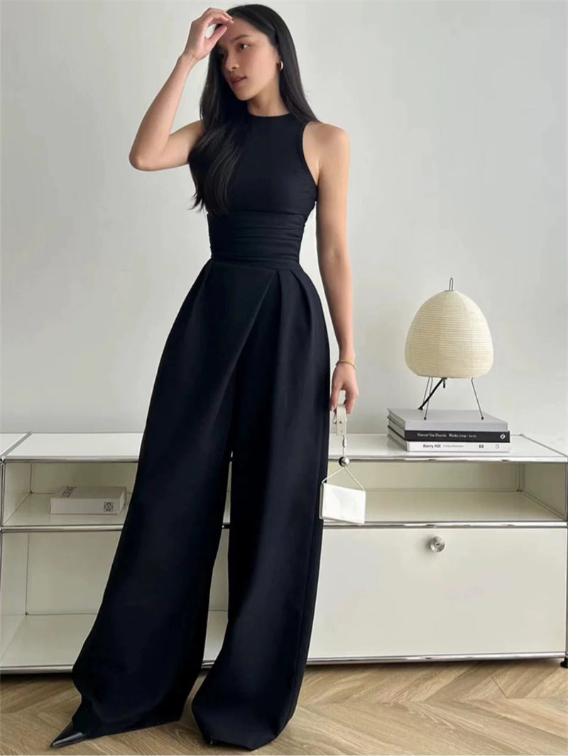 BLACK LONG SKIRT SUIT SET, HIGH WAIST WIDE LEG