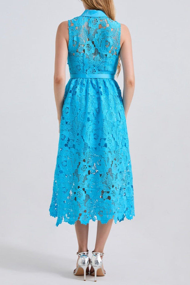 COLLAR SLEEVELESS HIGH WAIST BLUE SLIM DRESS