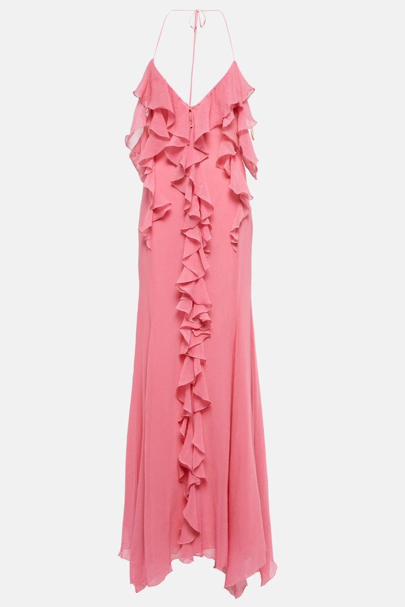 PINK RUFFLE SILK MAXI DRESS FOR WEDDINGS