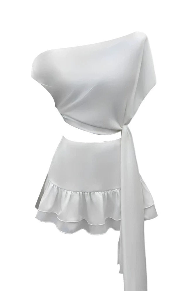 ASYMMETRIC RUFFLED SKIRT SUIT, WHITE