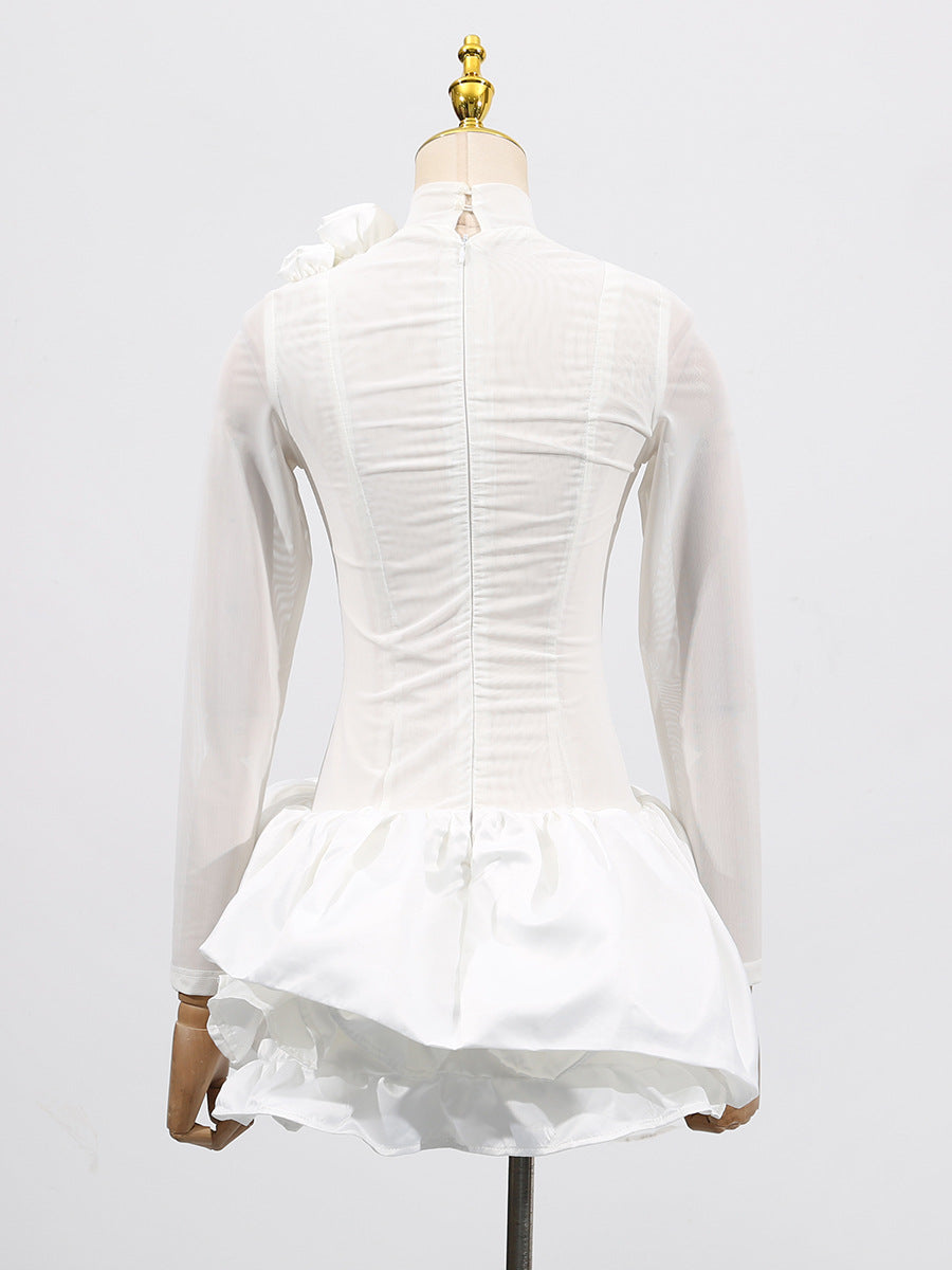 3D FLOWER HEM MESH WHITE MINI DRESS