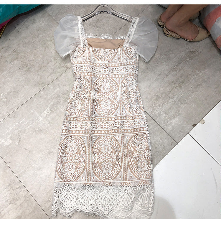 RETRO PUFF SLEEVE LACE MINI DRESS FOR PARTY
