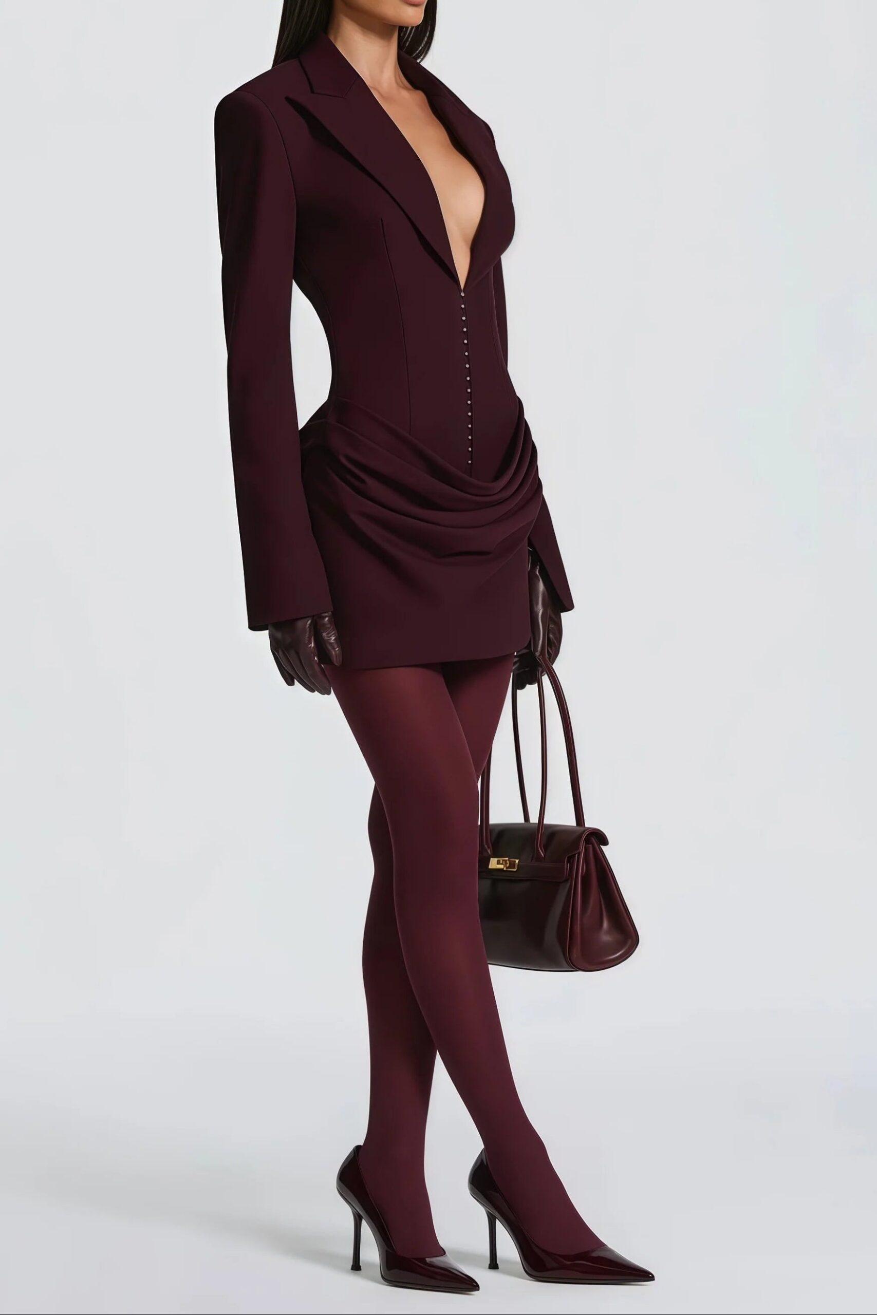 AMELIA V-NECK RUCHED BLAZER MINI DRESS IN WINE RED