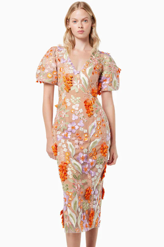 3D FLOWER V-NECK PUFF SLEEVE MIDI DRESS, ORANGE