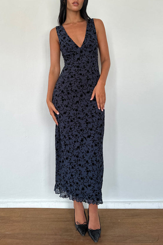 GABRIELA MIDI DRESS IN FLOCKED PETAL NAVY