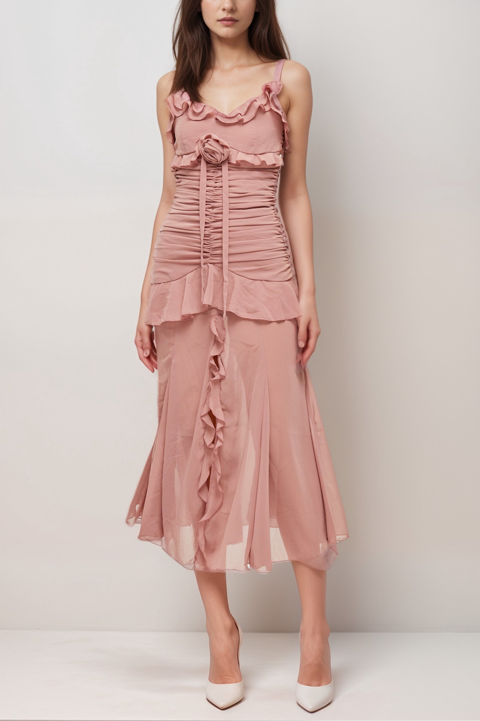 GENEVIÈVE PLEATED FAUX-FLOWER MIDI DRESS