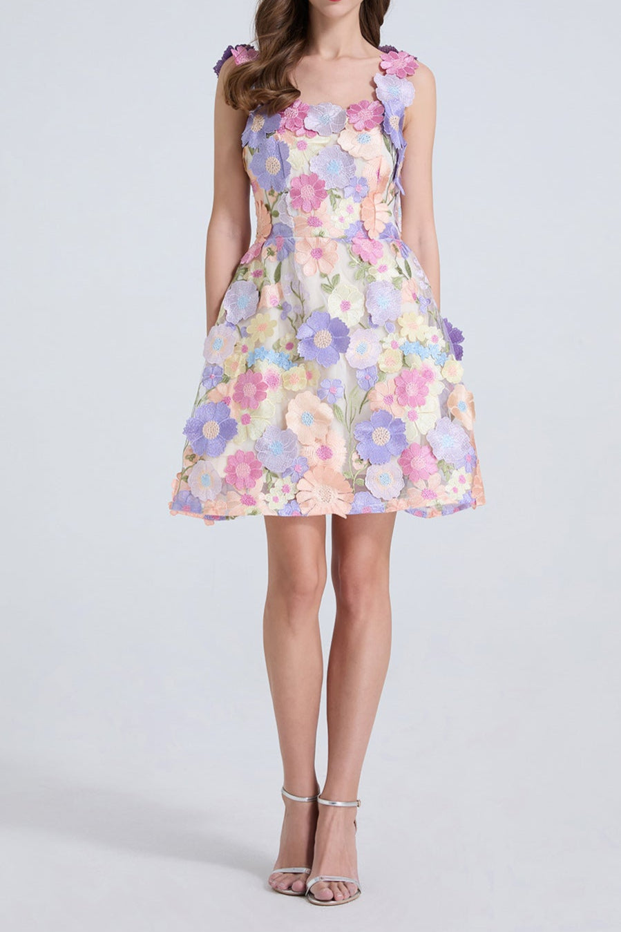 GEORGIA 3D FLORAL LACE MINI DRESS IN PURPLE