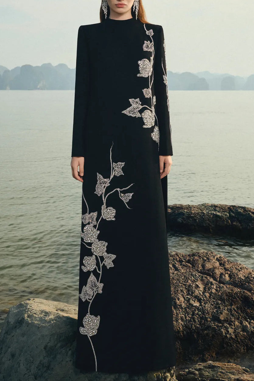 GLORIA HIGH NECK ASYMMETRIC CRYSTAL EMBELLISHED MAXI DRESS IN BLACK