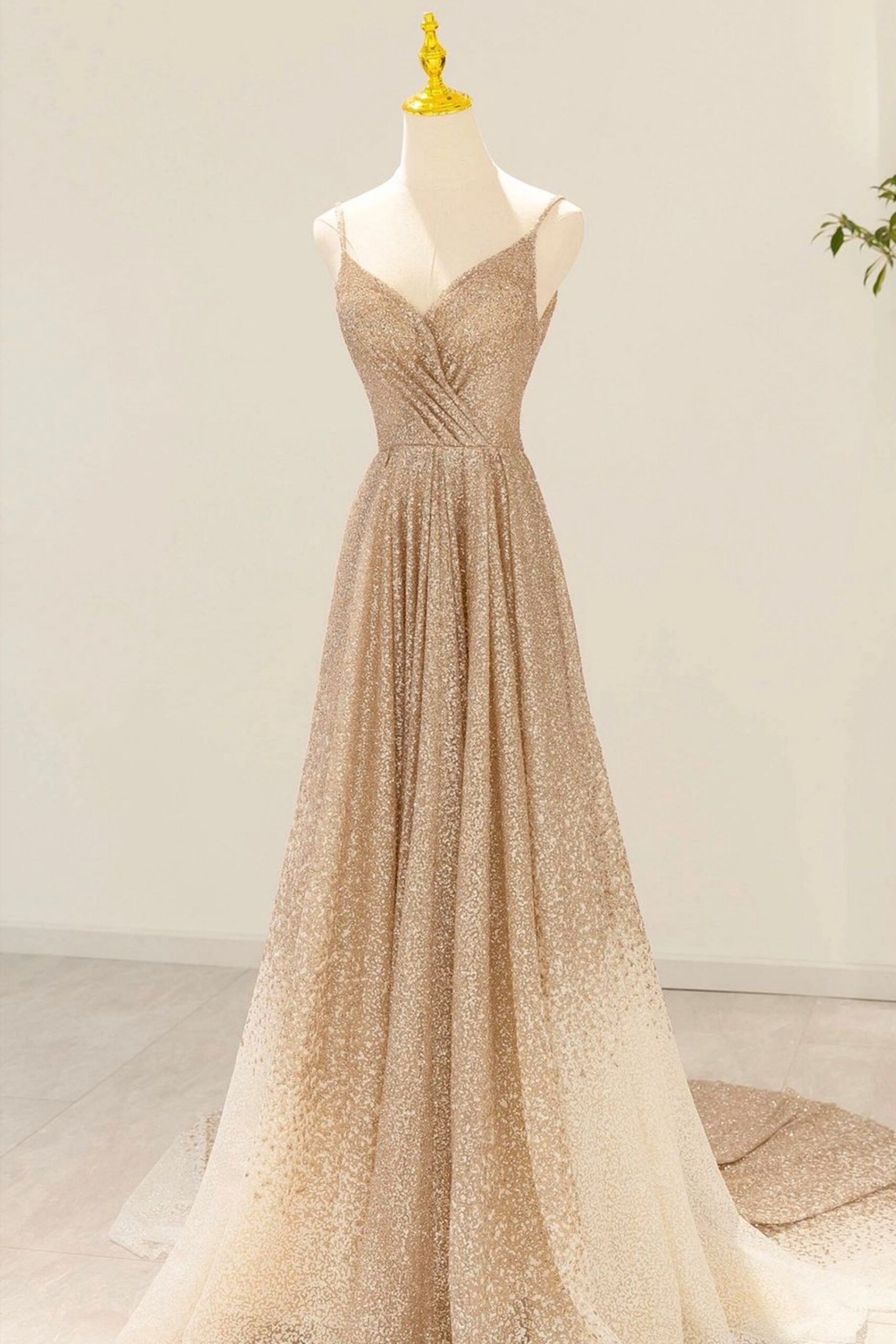 GOLD V-NECK SEQUINS PROM DRESS