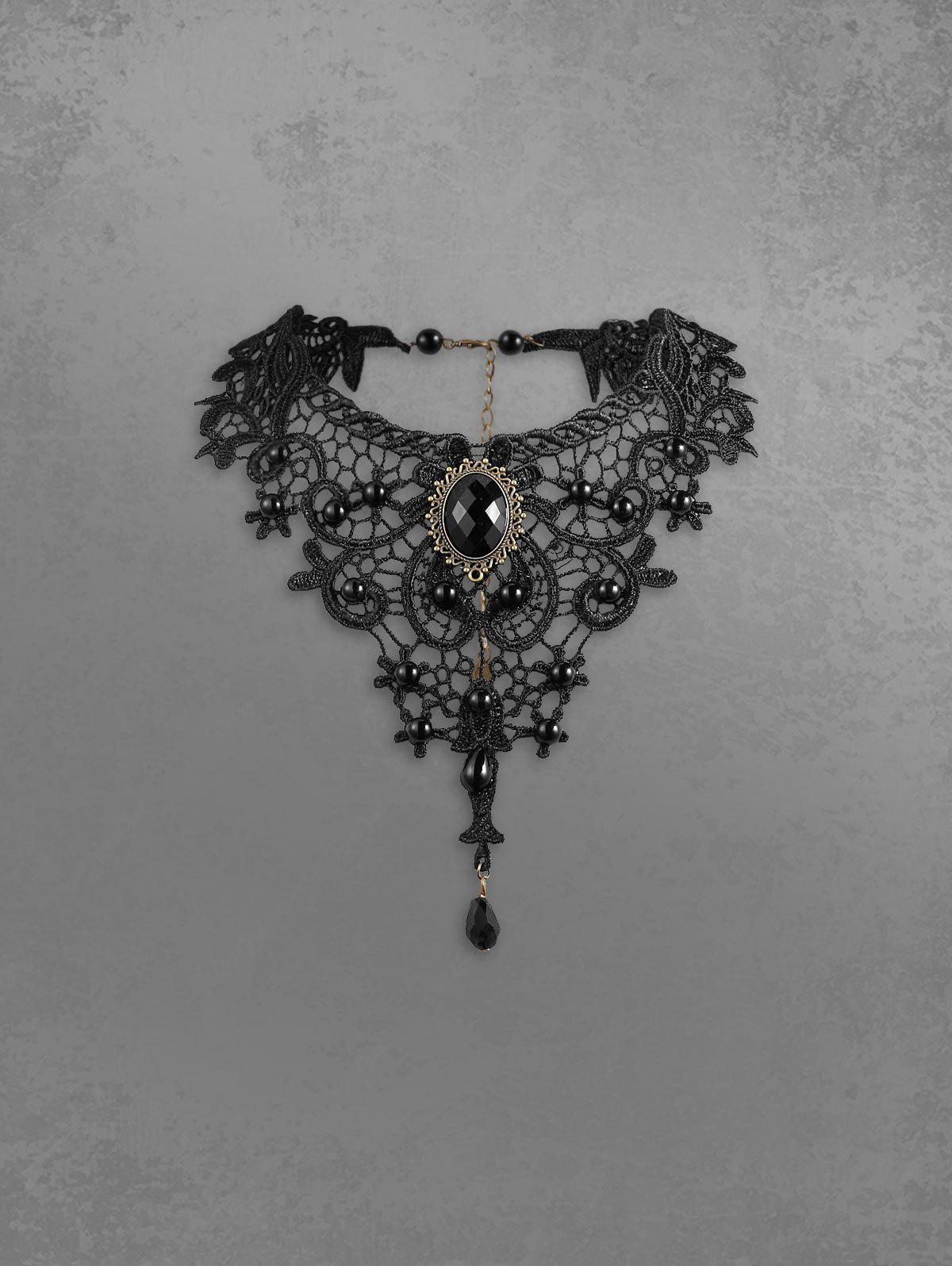 GOTHIC STEAMPUNK VICTORIAN VINTAGE FAUX CRYSTAL DECOR LACE CHOKER NECKLACE