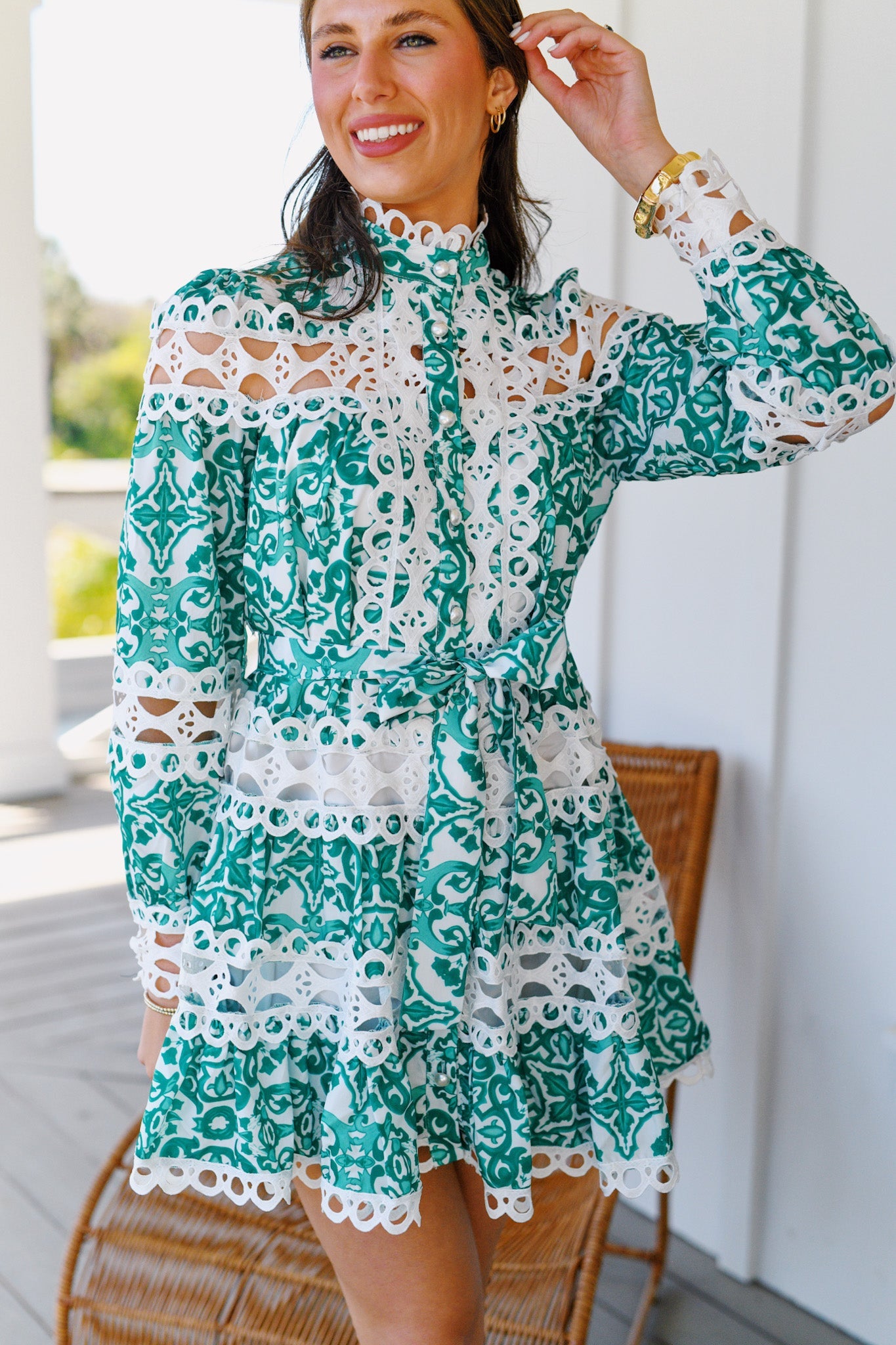 GRACIE LONG SLEEVE HEM DRESS - GREEN/WHITE