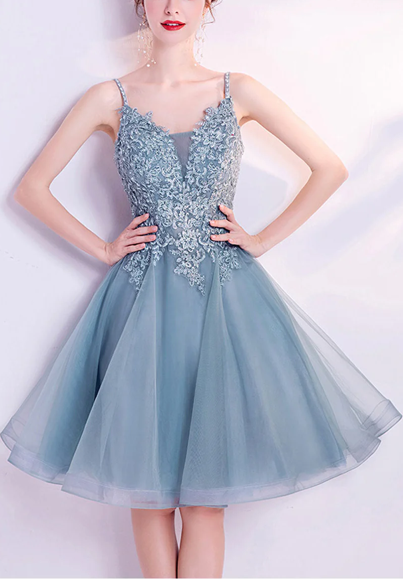 GRAY BLUE SEQUIN MIDI PROM DRESS