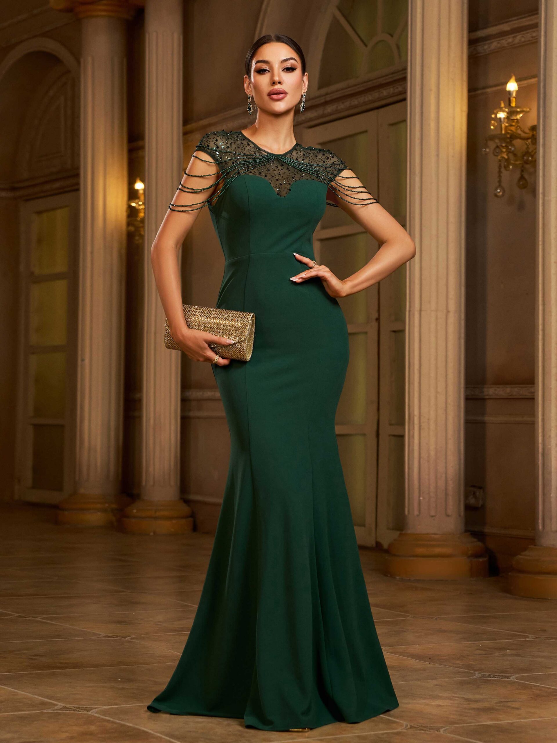 GREEN CHAIN SEE-THROUGH ELEGANT WEDDING GUEST DRESS