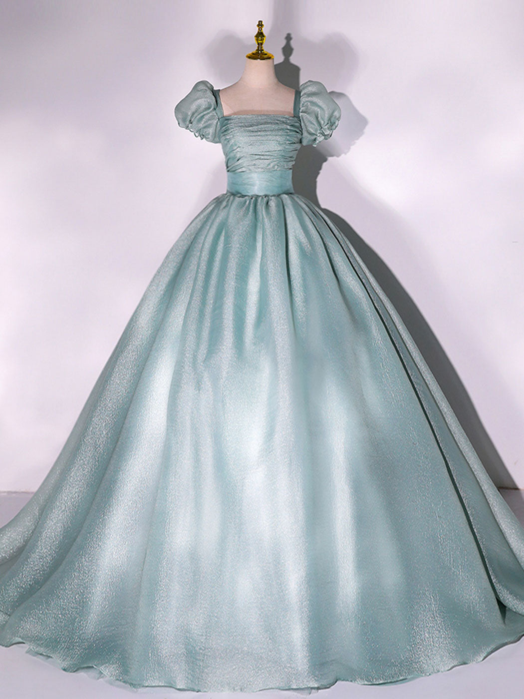 GREEN PUFF SLEEVES A-LINE PROM DRESSES