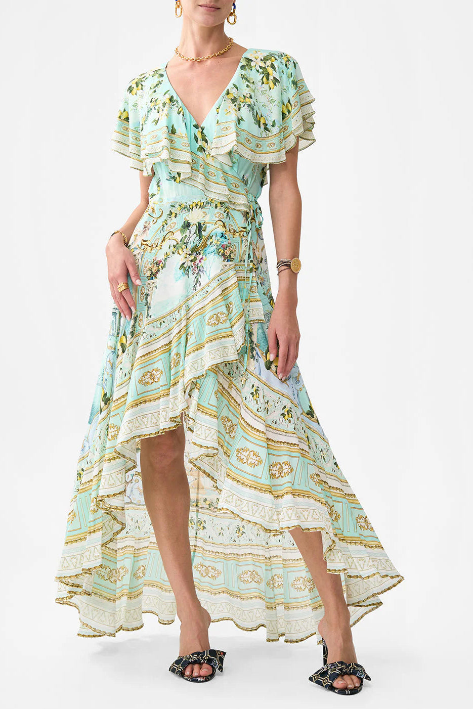 GREEN-MULTI PRINTED RUFFLED V-NECK IRREGULAR HEM SILK MAXI DRESS