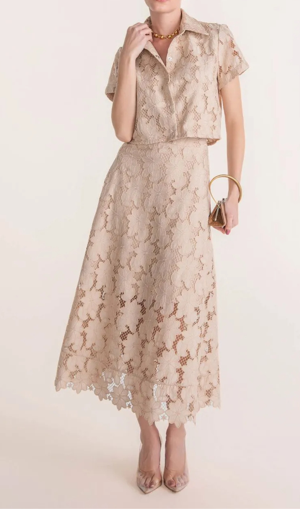 GUIPURE MESH MIDI SKIRT CROPPED SET IN APRICOT