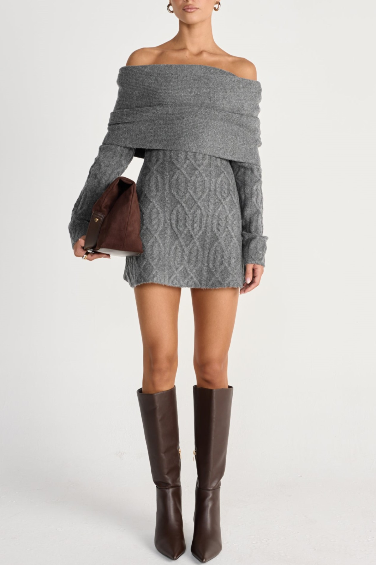 GWENDOLYN OFF SHOULDER KNIT MINI DRESS - GREY