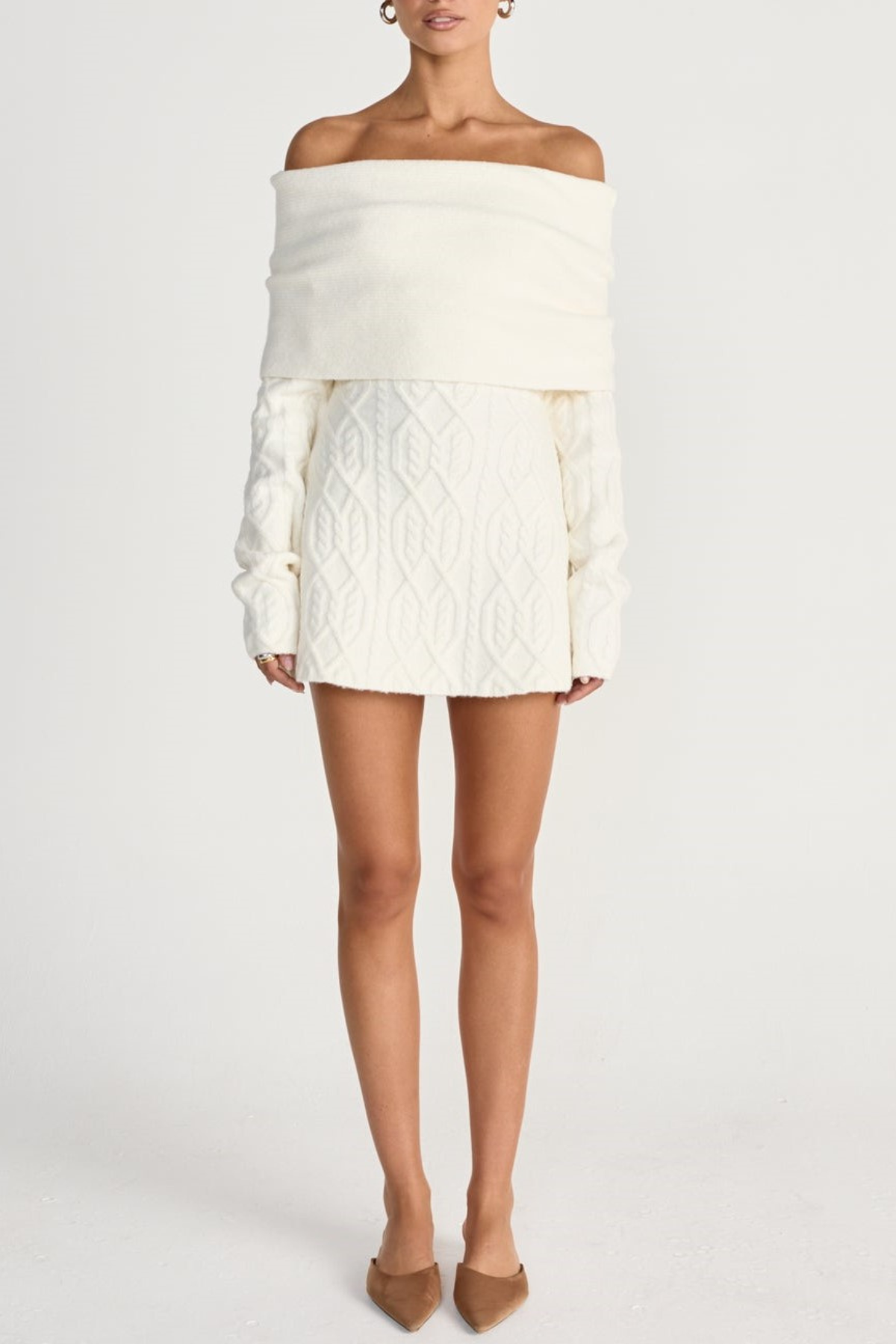 GWENDOLYN OFF SHOULDER KNIT MINI DRESS - WHITE