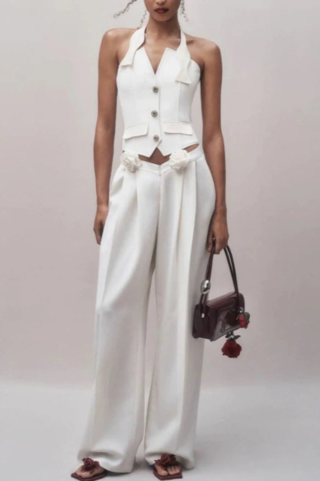 HALTER NECK VEST FLOWER EMBELLISHED PANTS SUIT IN IVORY