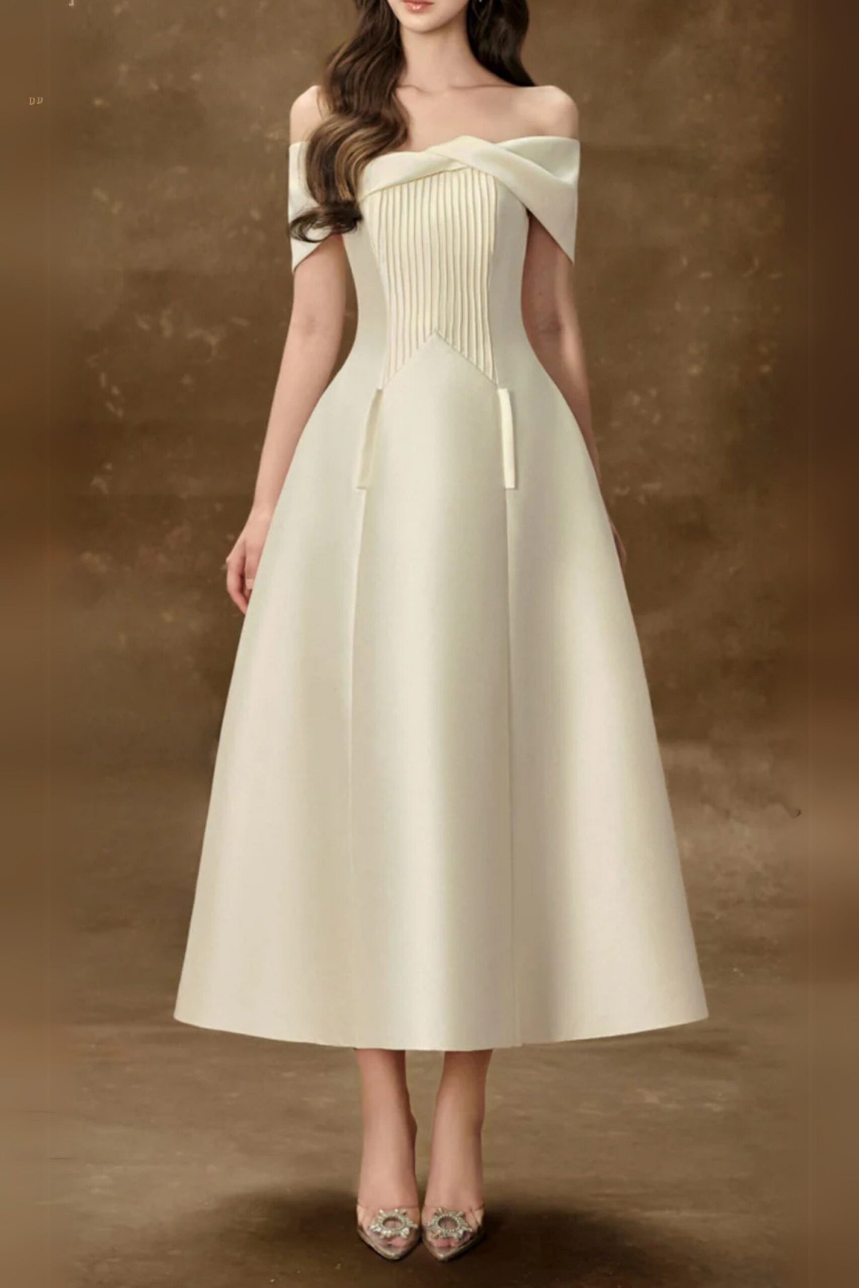 HEBERA A-LINE OFF-SHOULDER MIDI DRESS IN CREAM