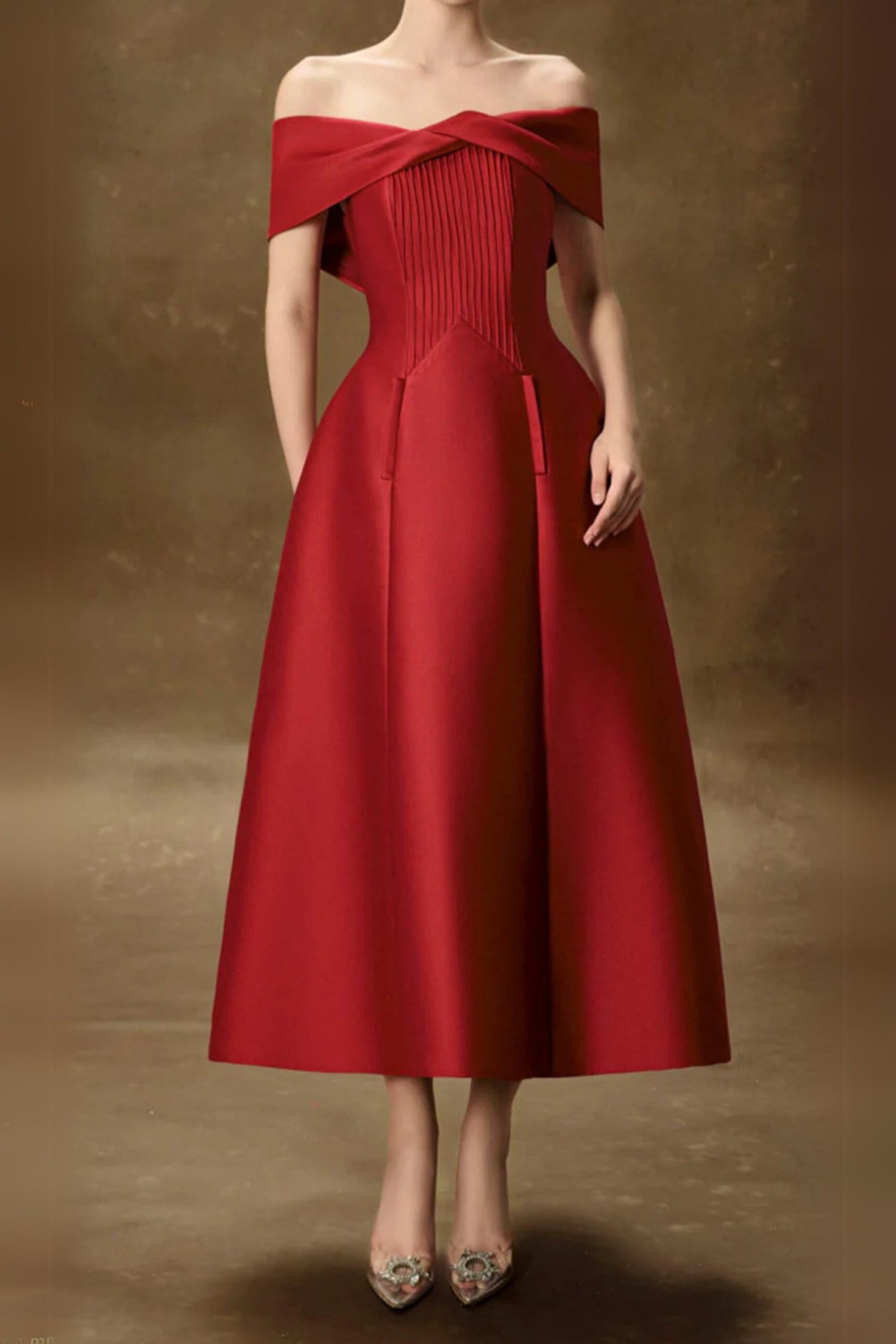 HEBERA A-LINE OFF-SHOULDER MIDI DRESS IN RED