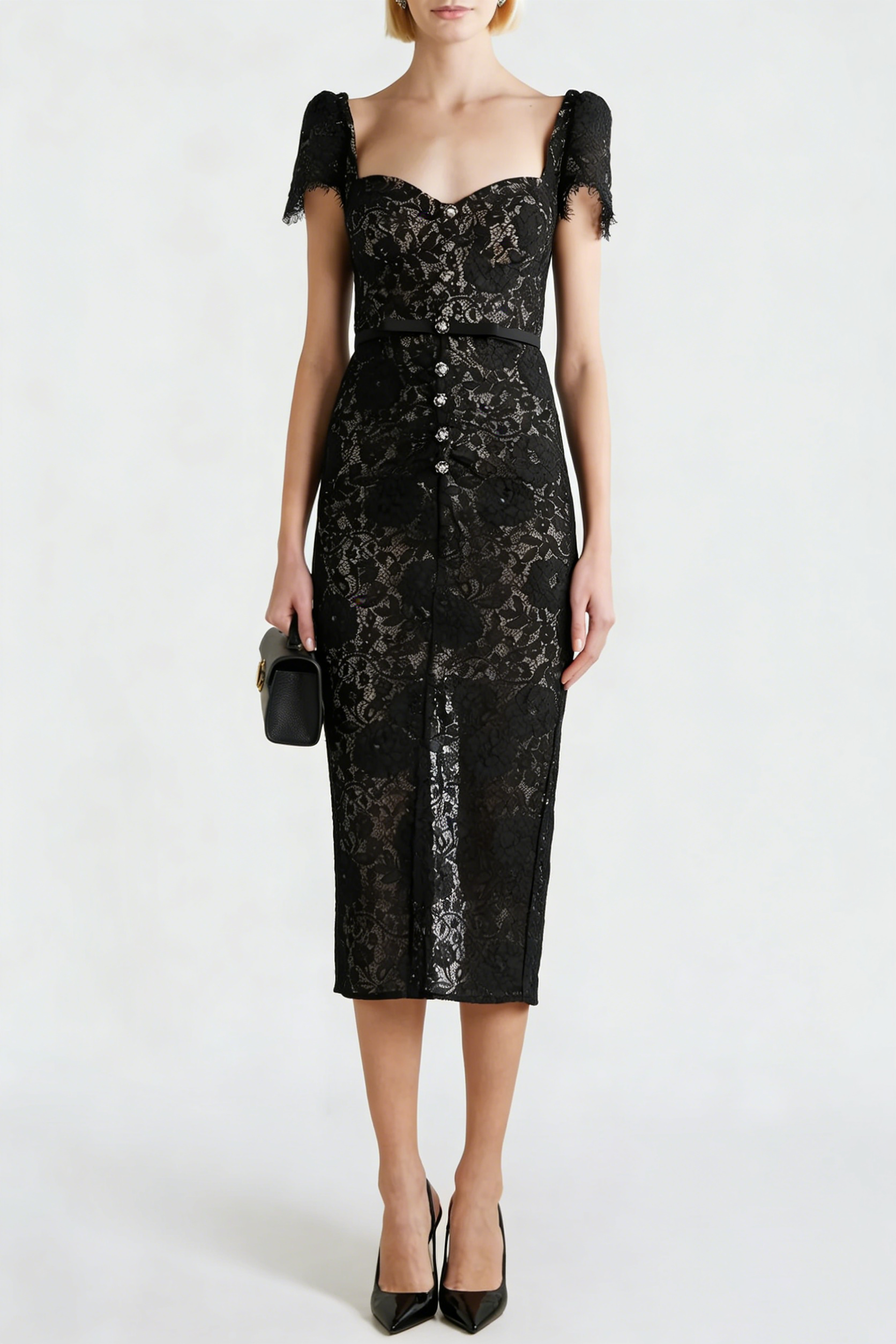 HELEN BLACK BELTED EMBELLISHED COTTON-BLEND LACE MIDI DRESS