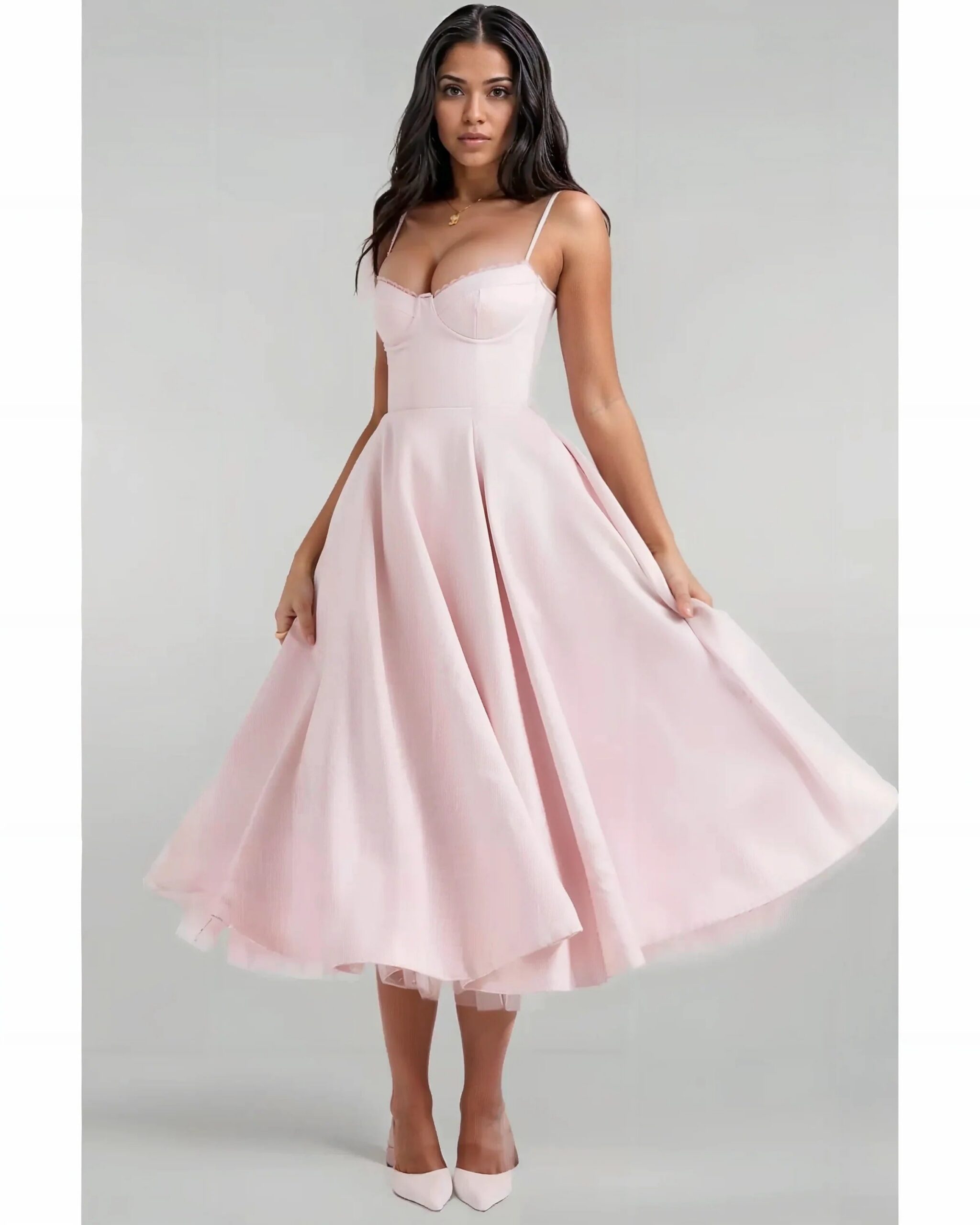 SATIN CORSET TULLE A-LINE MIDI DRESS - BABY PINK