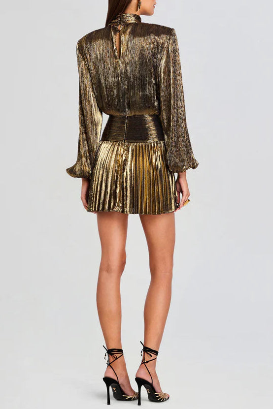 NANCY GOLD LANTERN SLEEVE PLEATED MINI DRESS