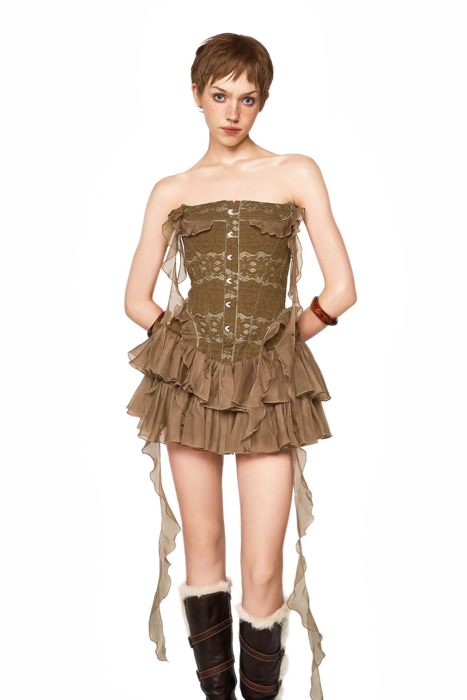 ALTHEA RUFFLE BROWN MINI DRESS