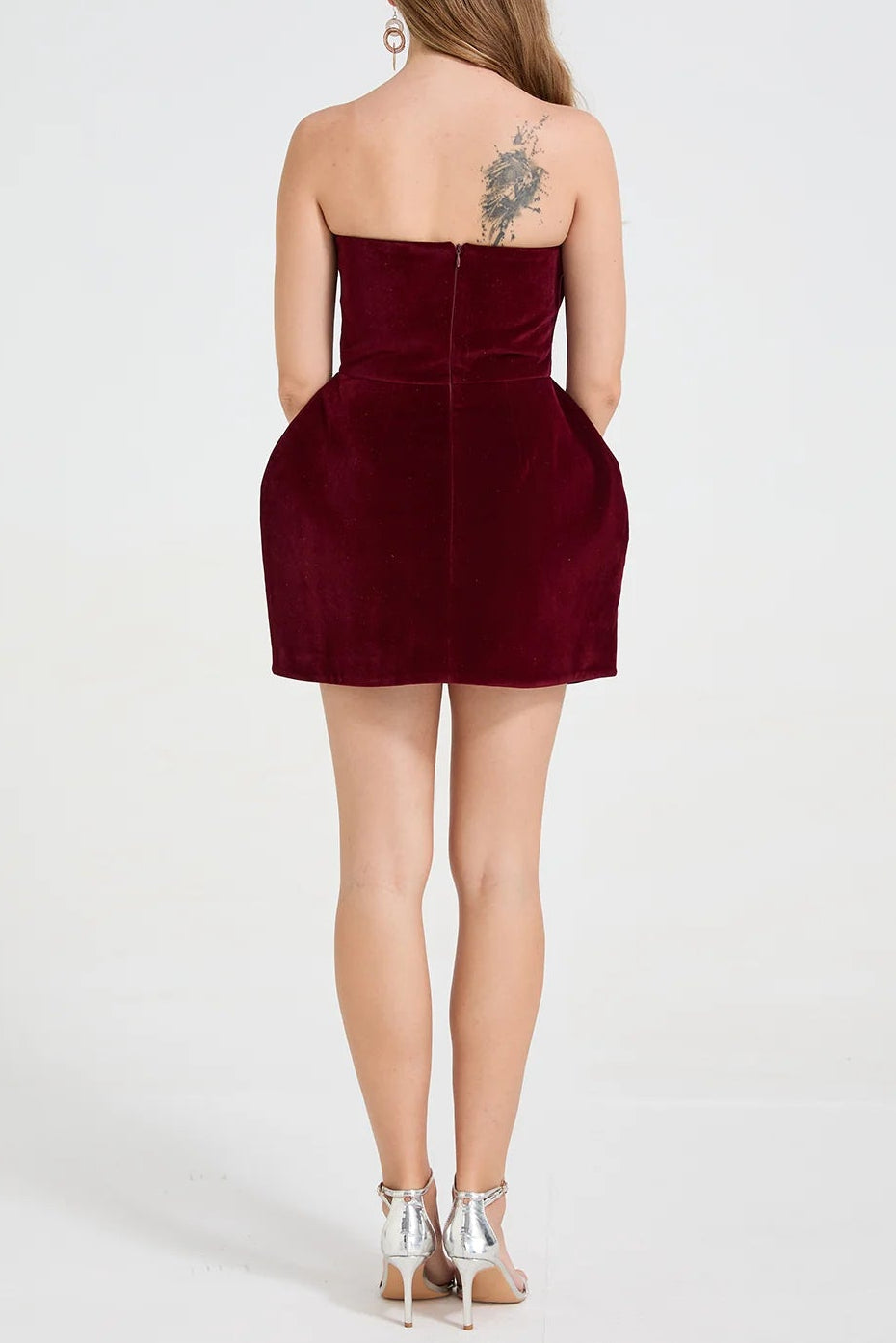 EVANGELINE STRAPLESS HEART VELVET MINI DRESS, BURGUNDY