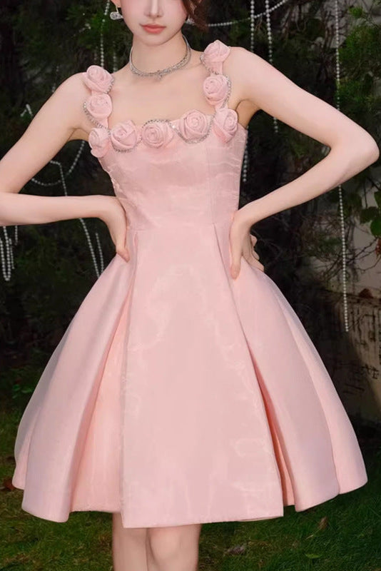 RHINESTONE ROSE APPLIQUE PINK MINI PARTY DRESS