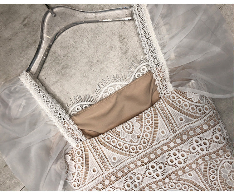 RETRO PUFF SLEEVE LACE MINI DRESS FOR PARTY
